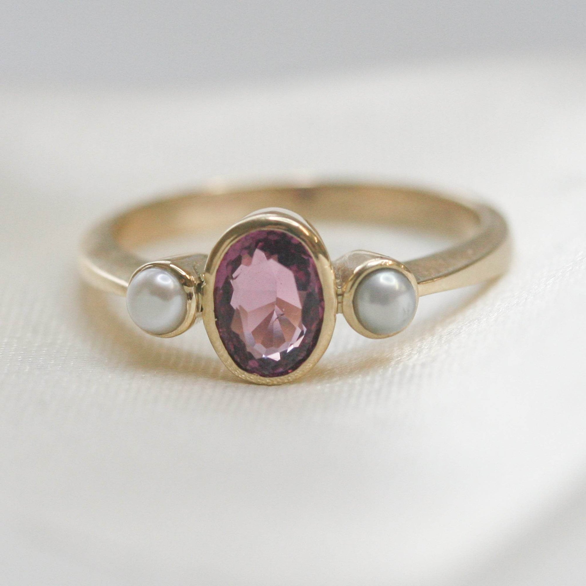 Almandine Garnet & Pearl Three Stone Ring - Jordans Jewellers