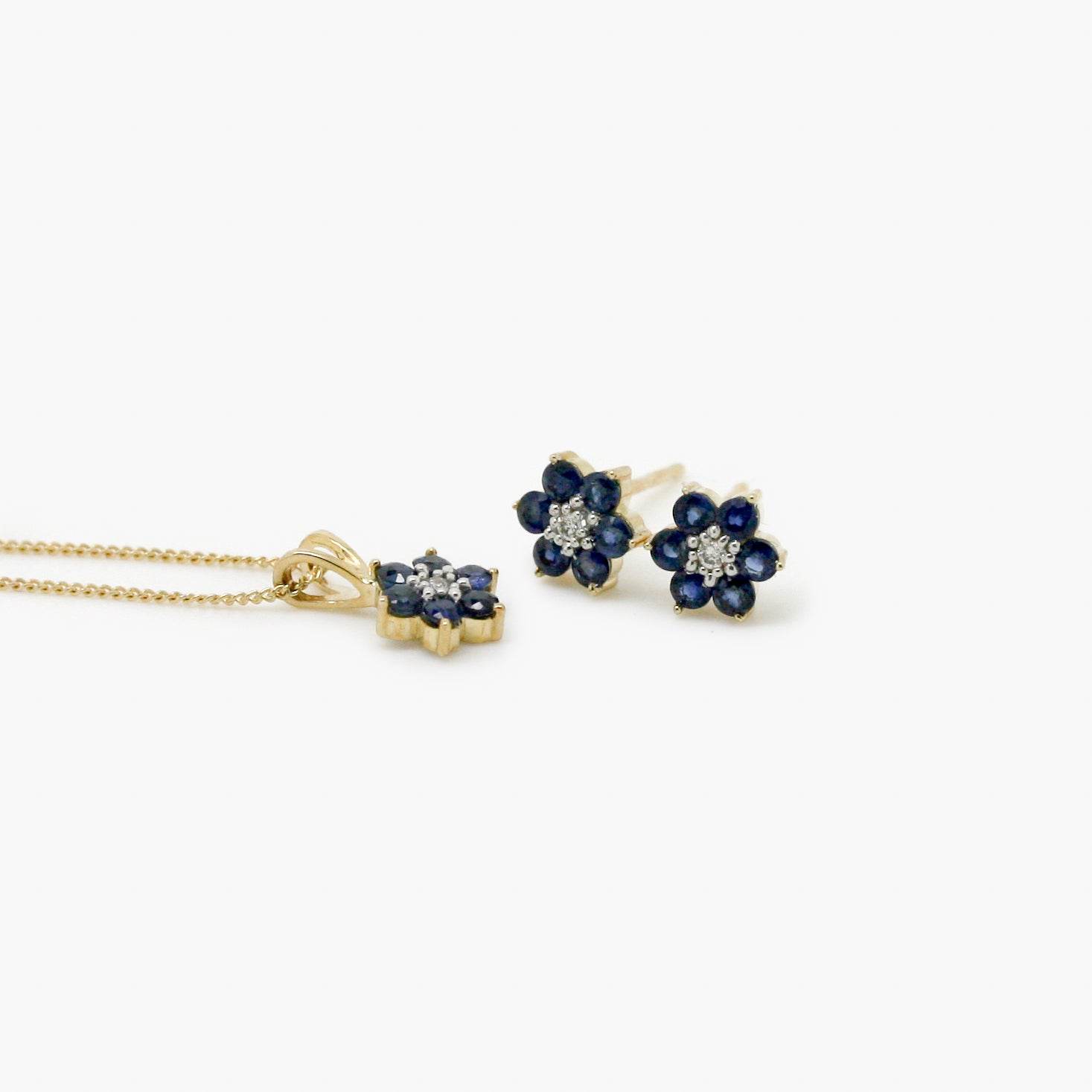 9ct Yellow Gold Sapphire & Diamond Flower Shape Pendant Necklace - Jordans Jewellers