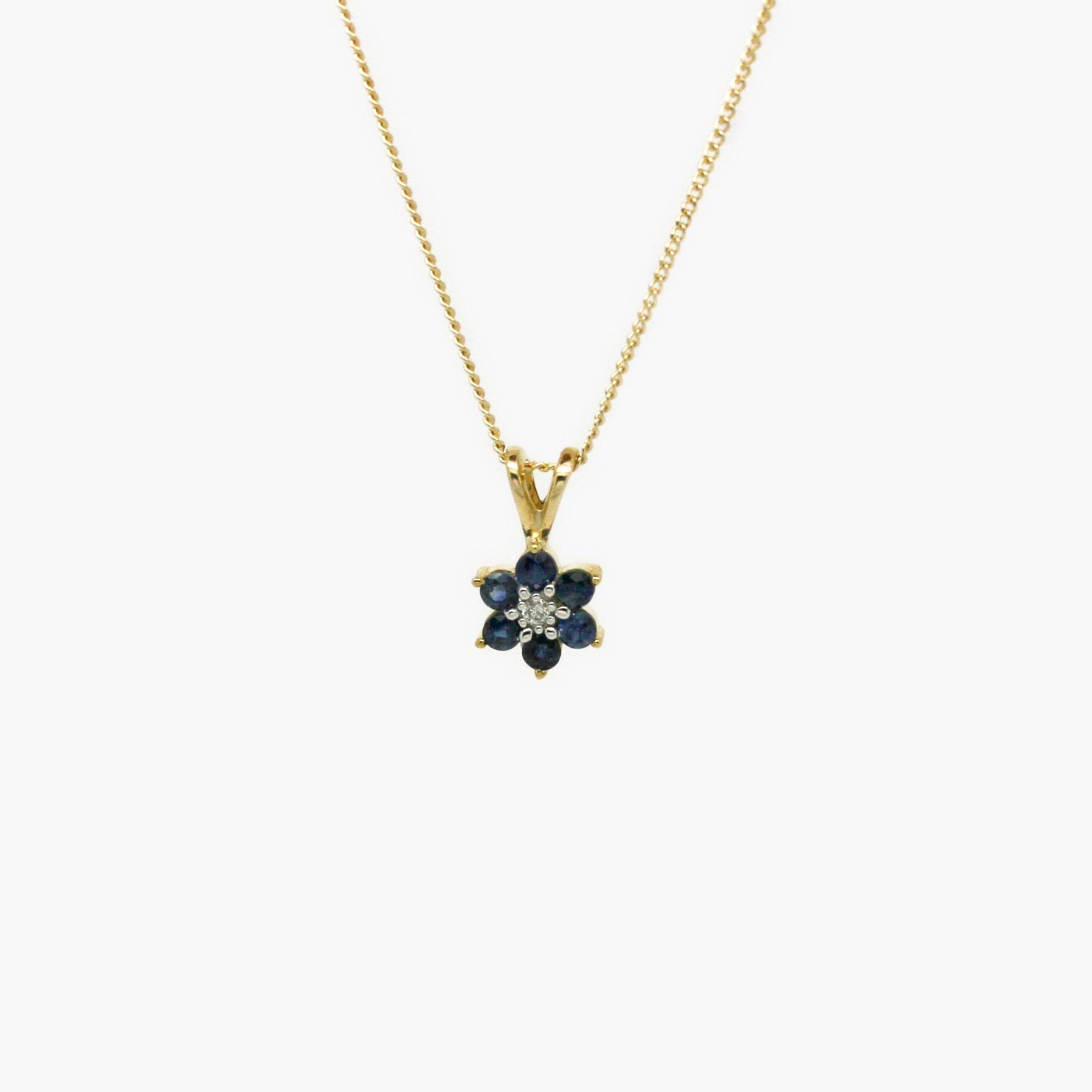 9ct Yellow Gold Sapphire & Diamond Flower Shape Pendant Necklace - Jordans Jewellers