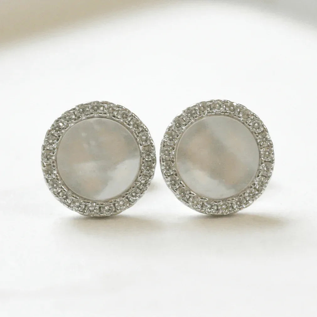NEW Silver Mother of Pearl CZ Circle Stud Earrings - Jordans Jewellers
