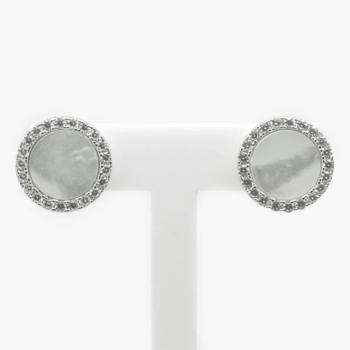 NEW Silver Mother of Pearl CZ Circle Stud Earrings - Jordans Jewellers