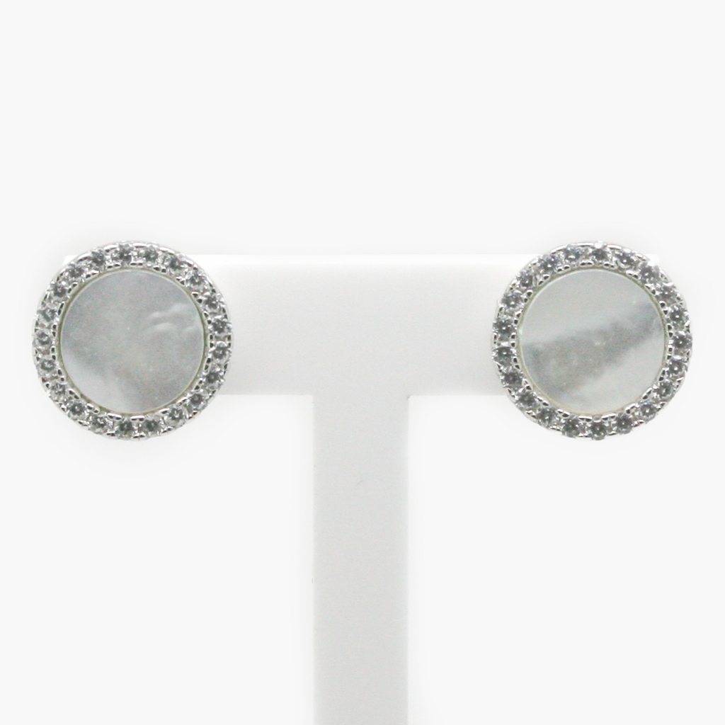 NEW Silver Mother of Pearl CZ Circle Stud Earrings