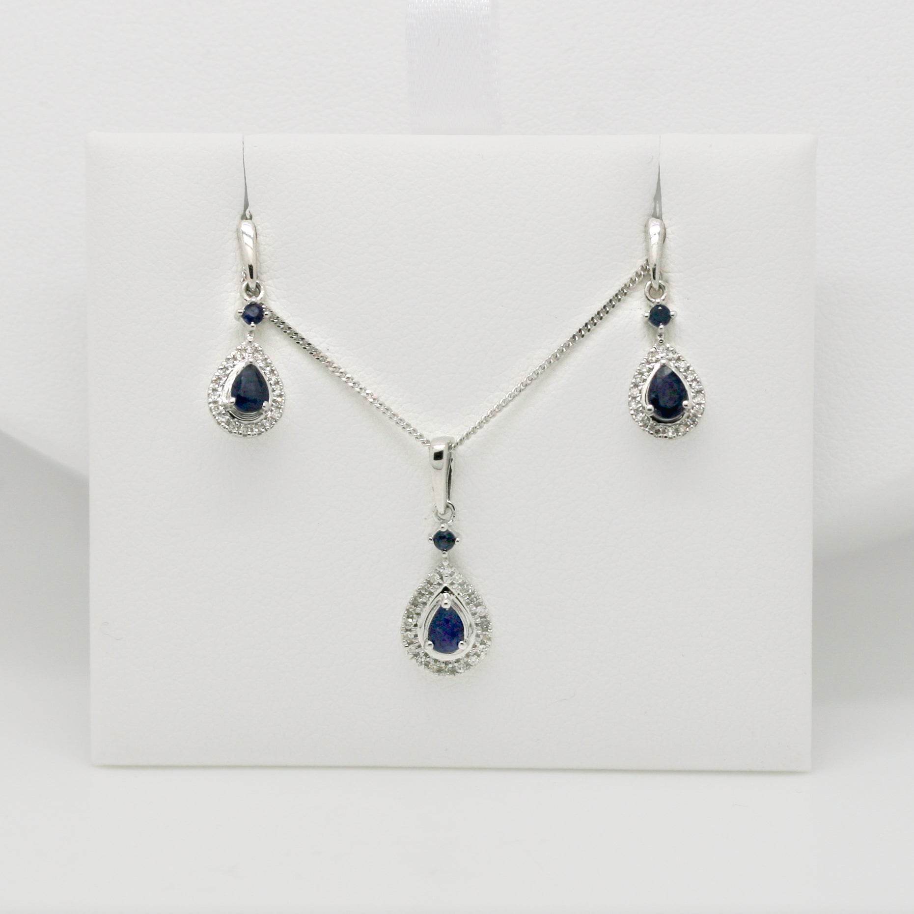 9ct White Gold Sapphire & Diamond Pear Shape Drop Earrings - Jordans Jewellers