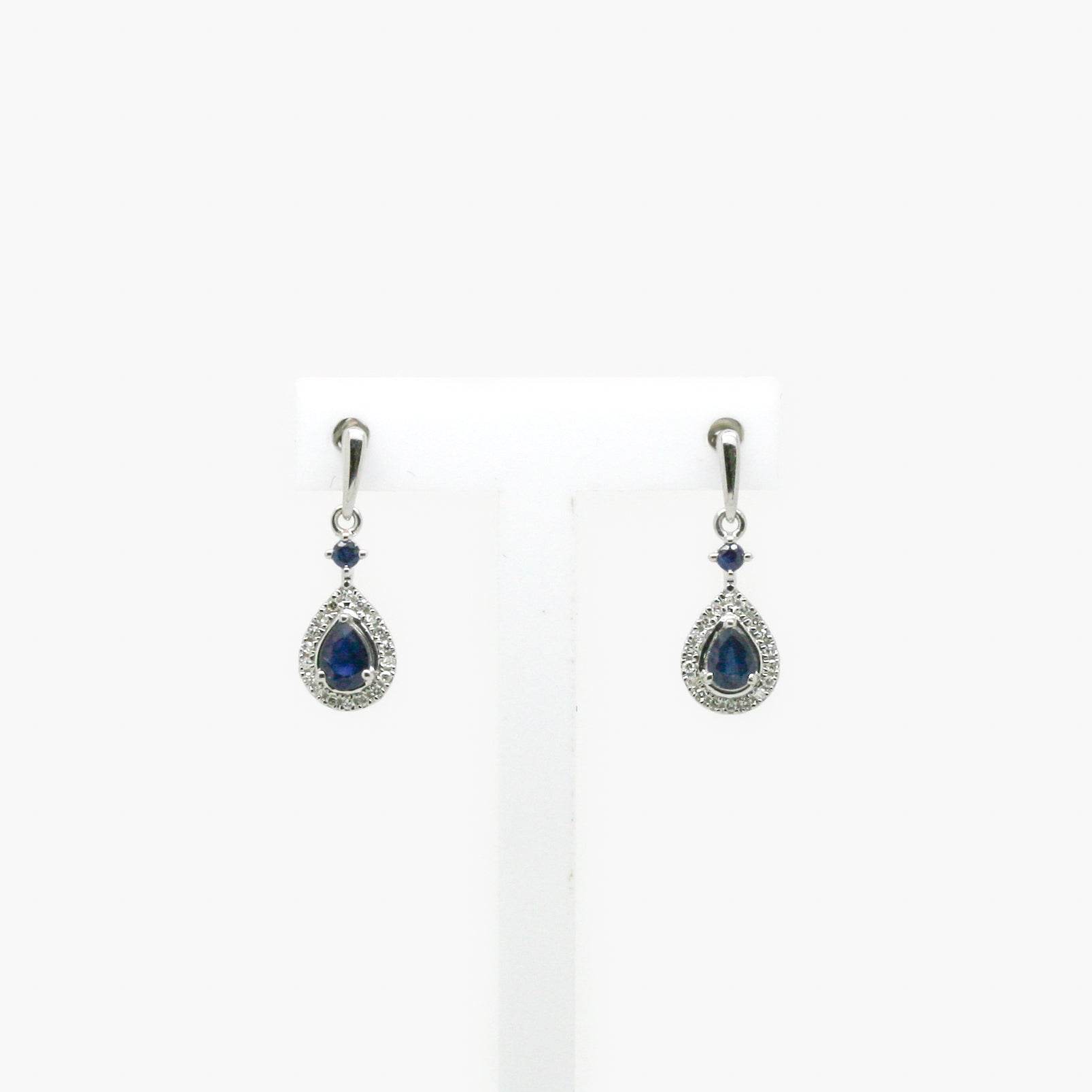 9ct White Gold Sapphire & Diamond Pear Shape Drop Earrings - Jordans Jewellers