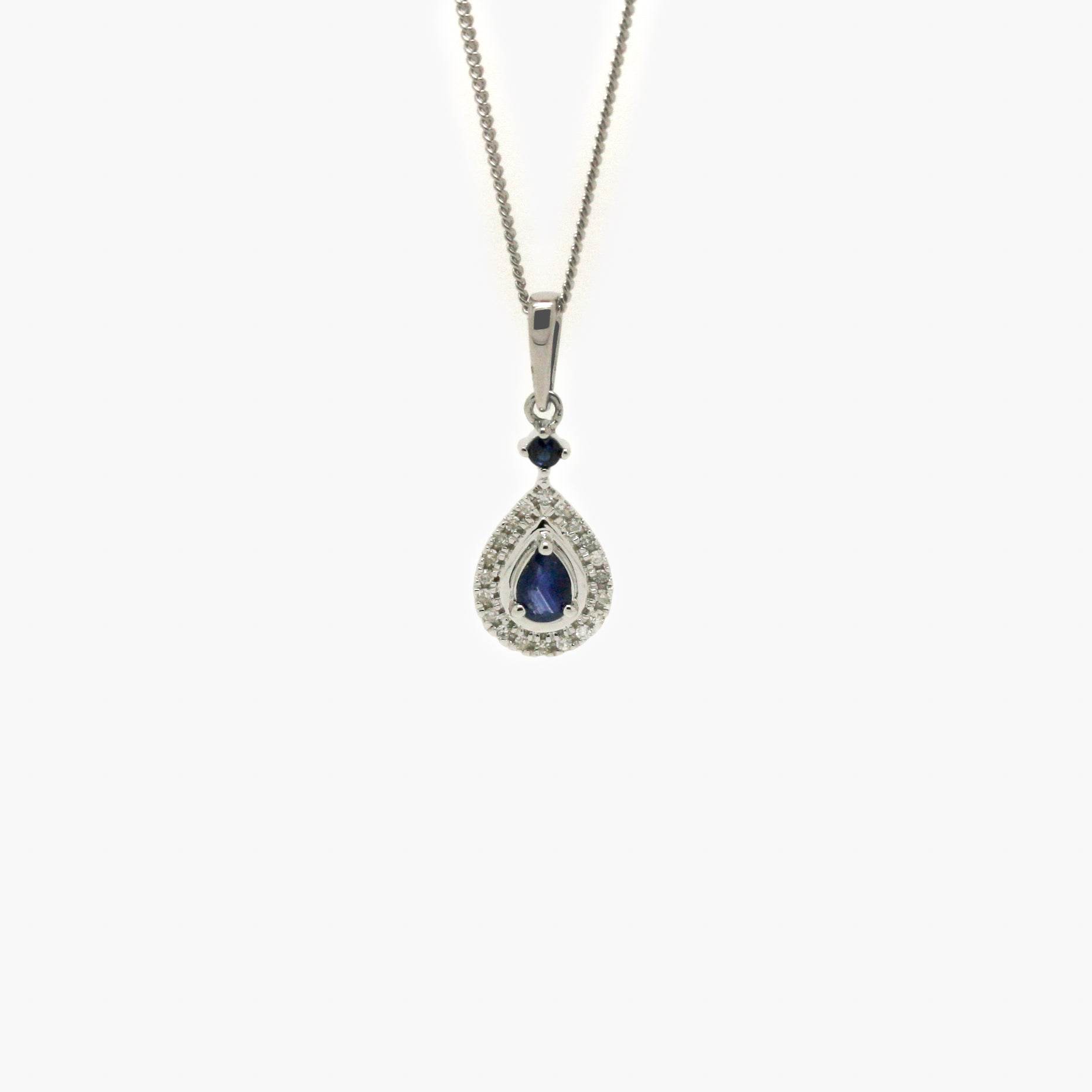 9ct White Gold Sapphire & Diamond Pear Shape Necklace - Jordans Jewellers
