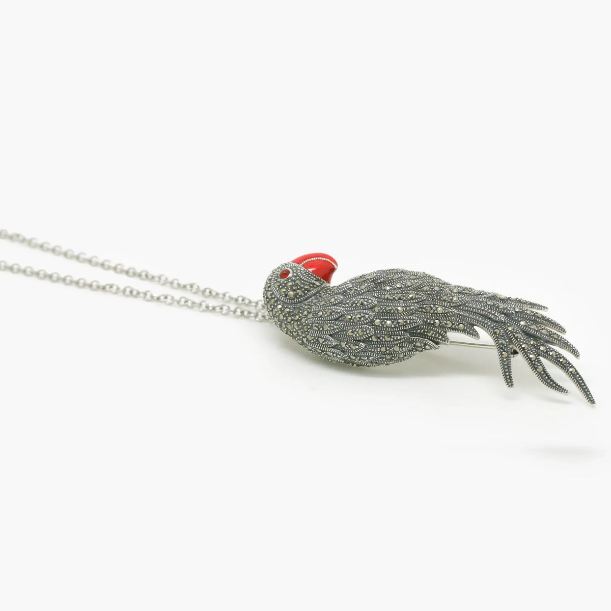 Silver Marcasite Red Agate Parrot Brooch/Pendant Necklace - Jordans Jewellers