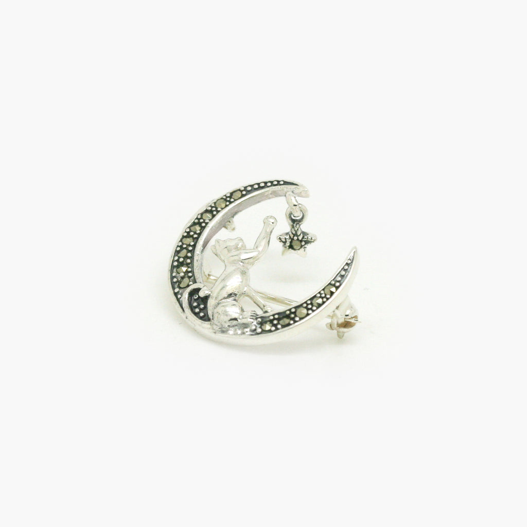 Silver Marcasite Cat in Moon Brooch