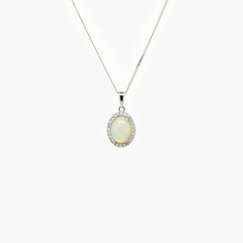 18 Carat White Gold Opal & 0.08 Carat Diamond Halo Pendant Necklace