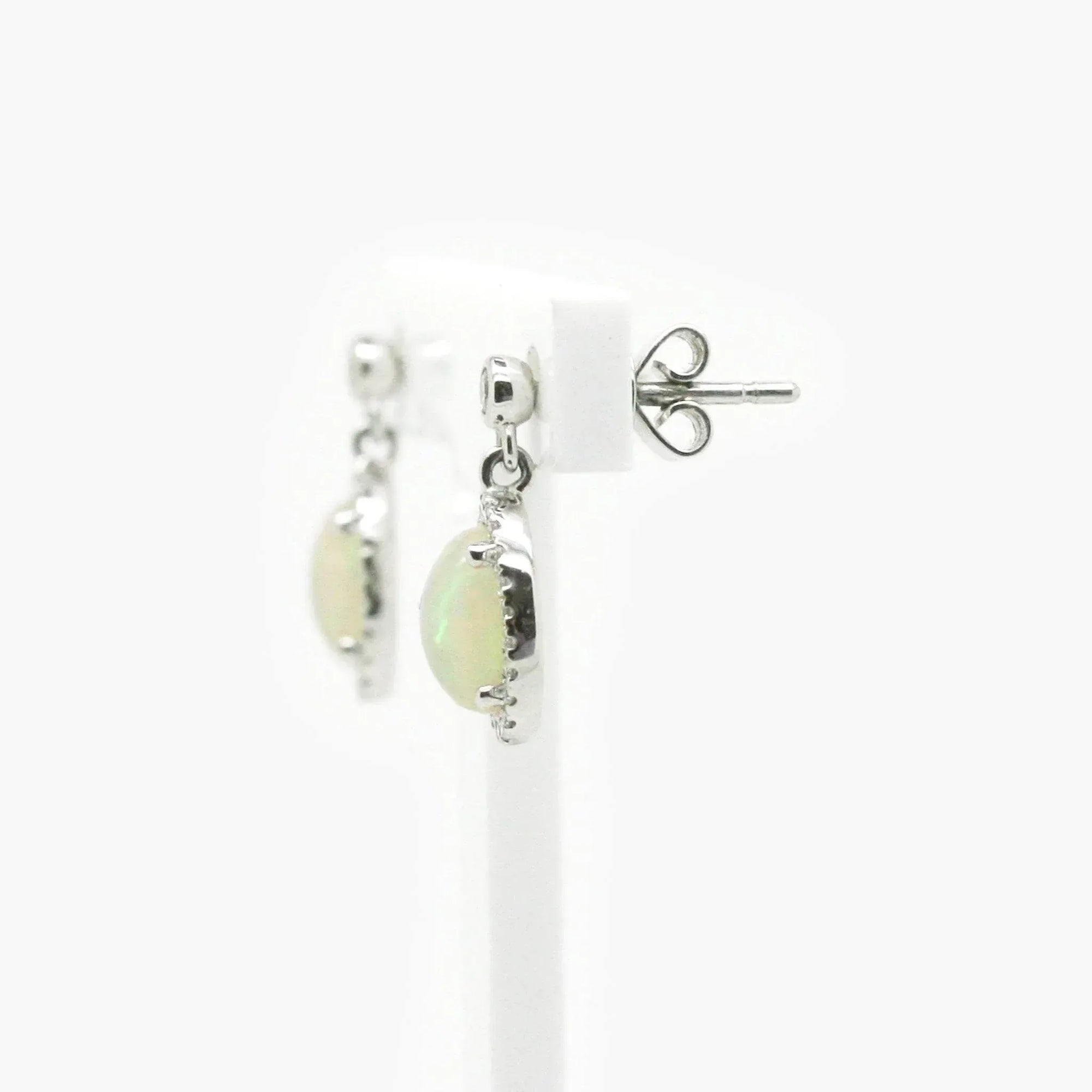 18 Carat White Gold Opal & 0.19 Carat Diamond Halo Drop Earrings - Jordans Jewellers