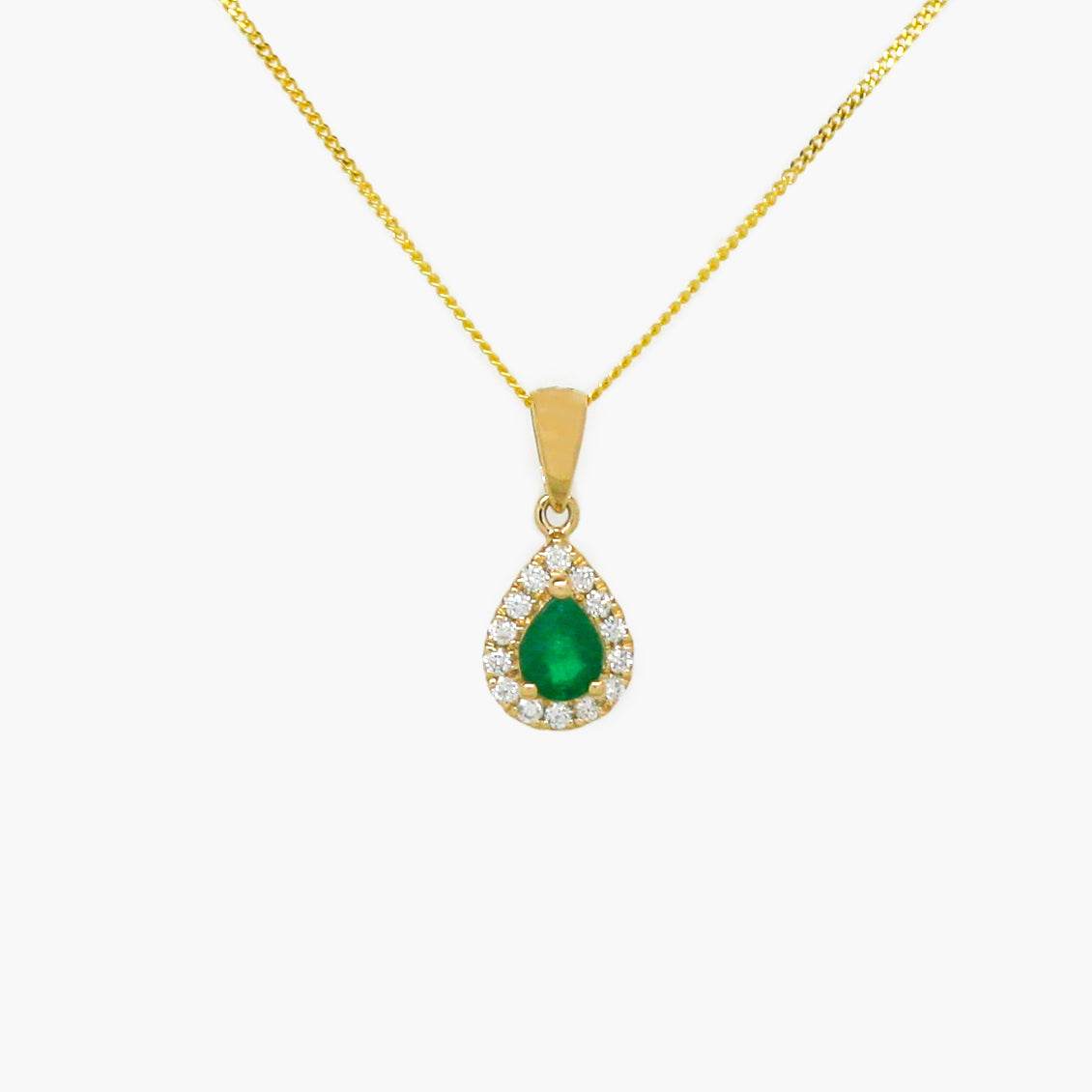 NEW 9ct Yellow Gold Pear Shape Emerald and Diamond Cluster Pendant Necklace - Jordans Jewellers