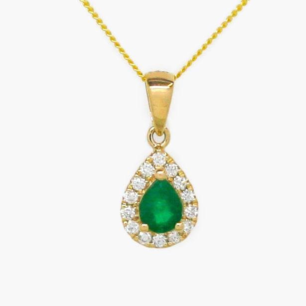 NEW 9ct Yellow Gold Pear Shape Emerald and Diamond Cluster Pendant Necklace - Jordans Jewellers