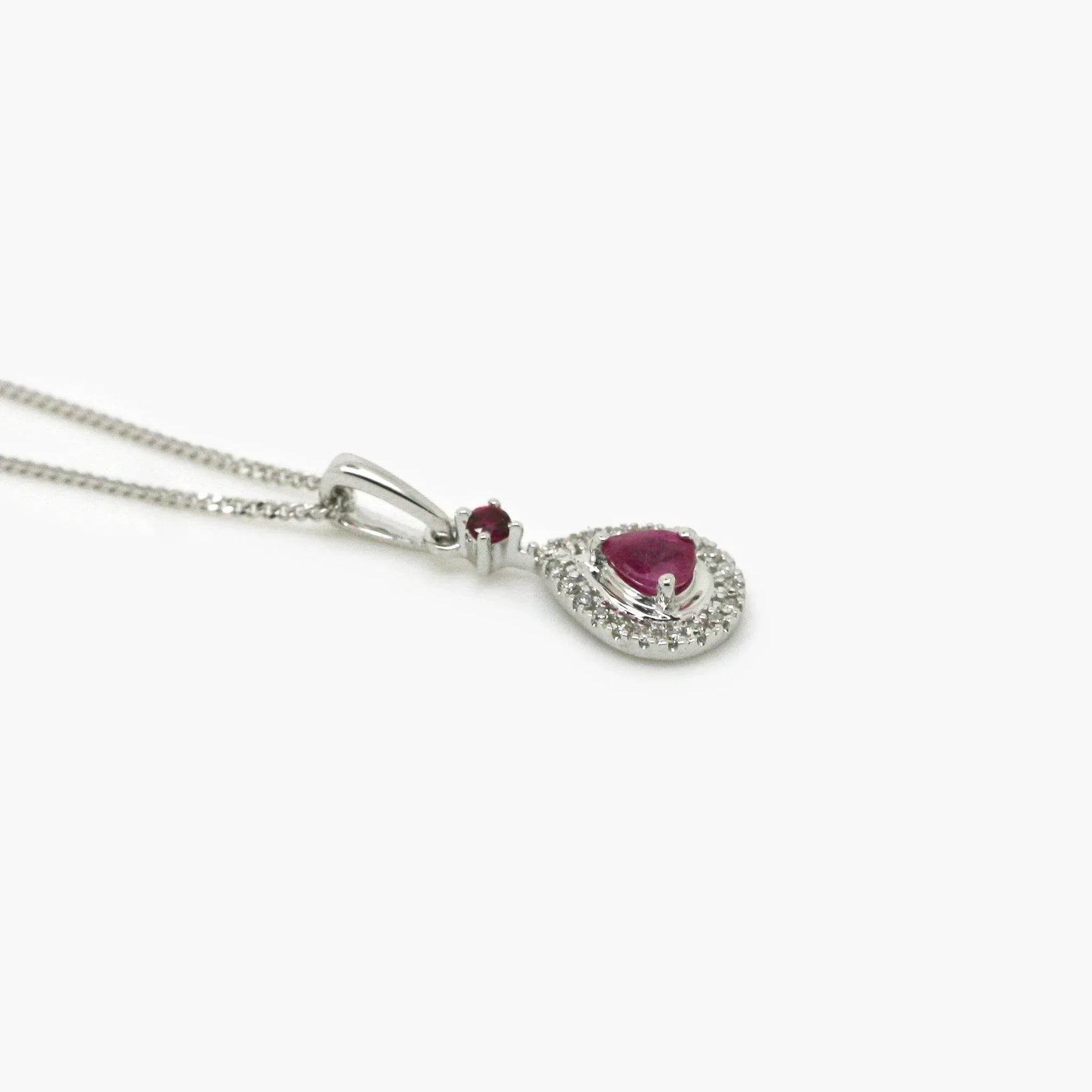 Two Stone Ruby & Diamond Pear Shaped Necklace - 9ct White Gold - Jordans Jewellers