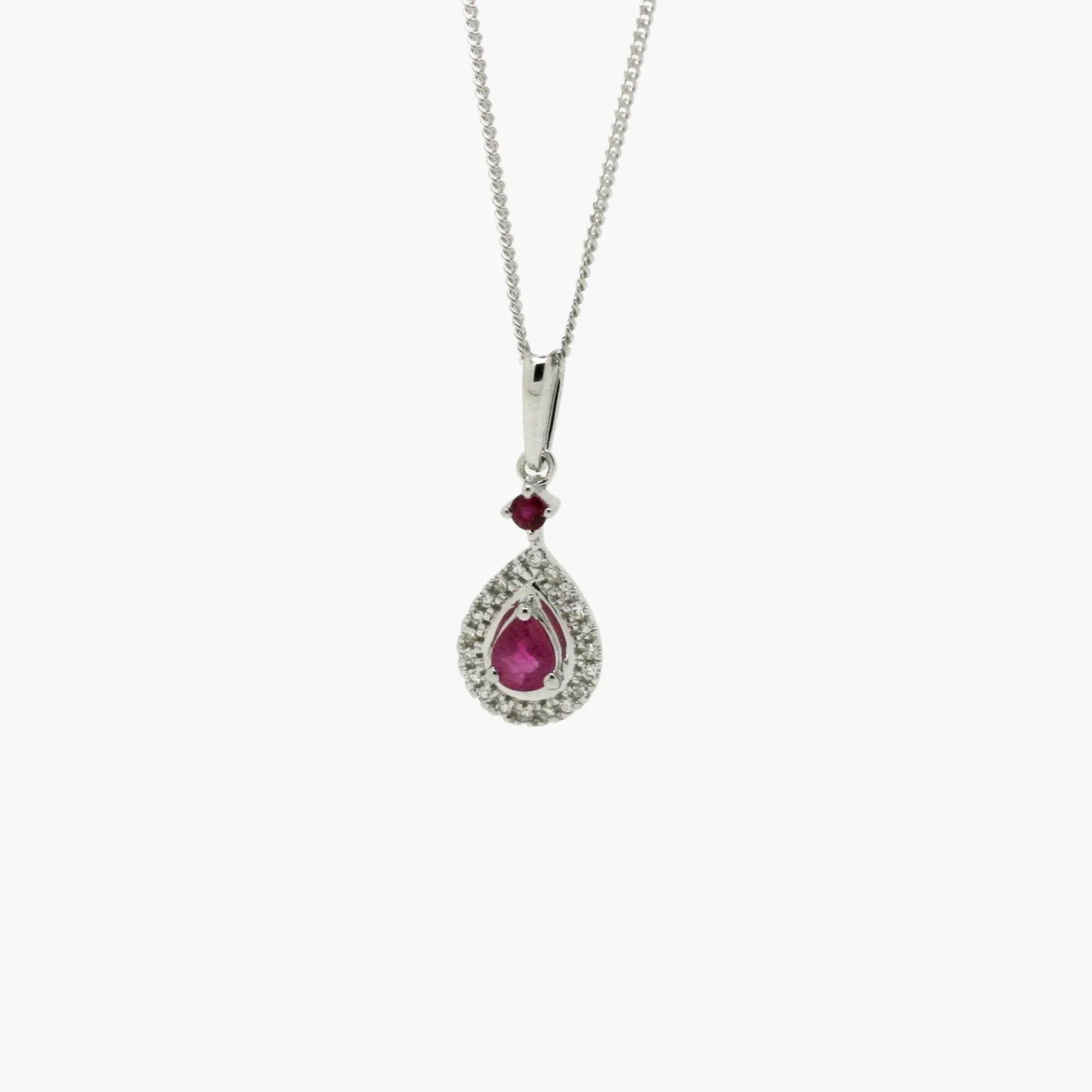 Two Stone Ruby & Diamond Pear Shaped Necklace - 9ct White Gold - Jordans Jewellers