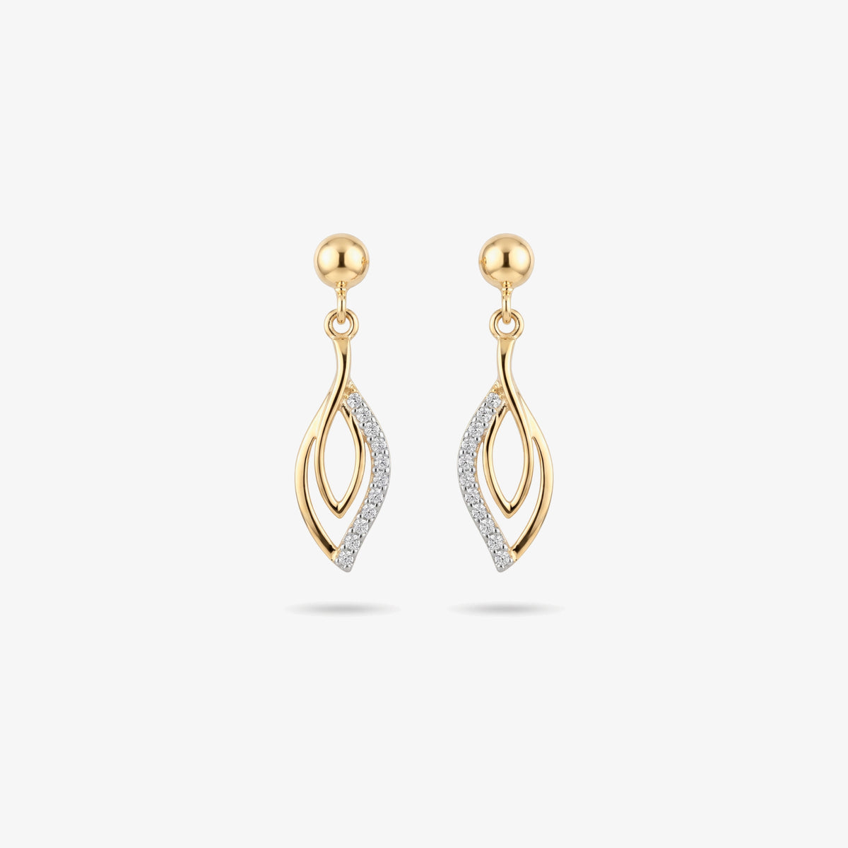9ct Gold CZ Leaf Drop Earrings - Front View