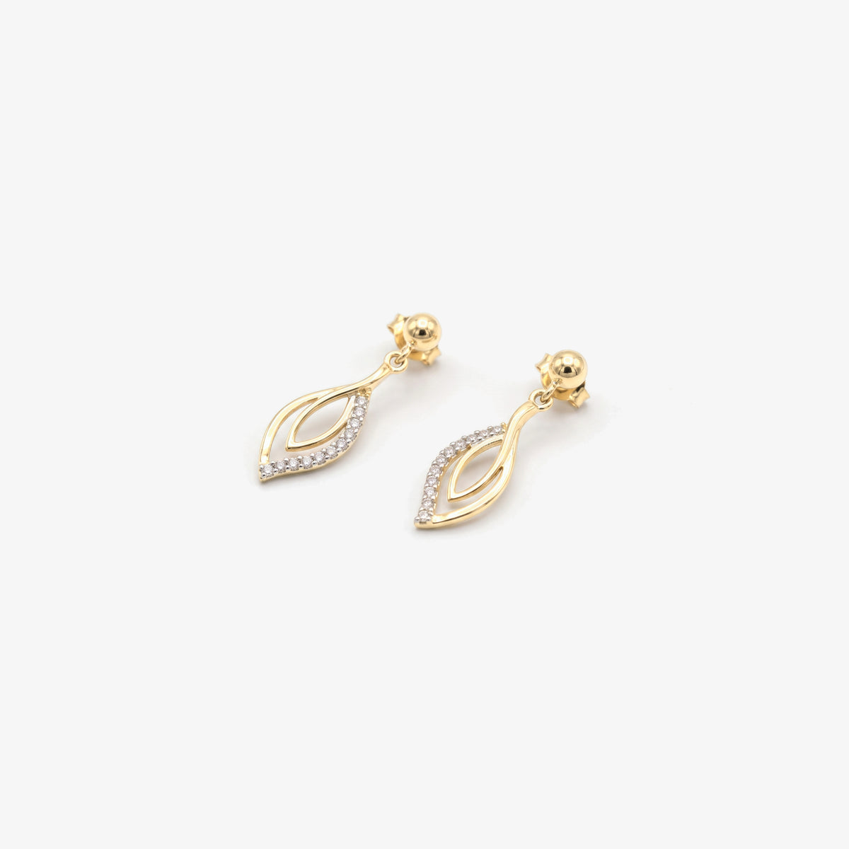 9ct Gold CZ Leaf Drop Earrings - Angled View