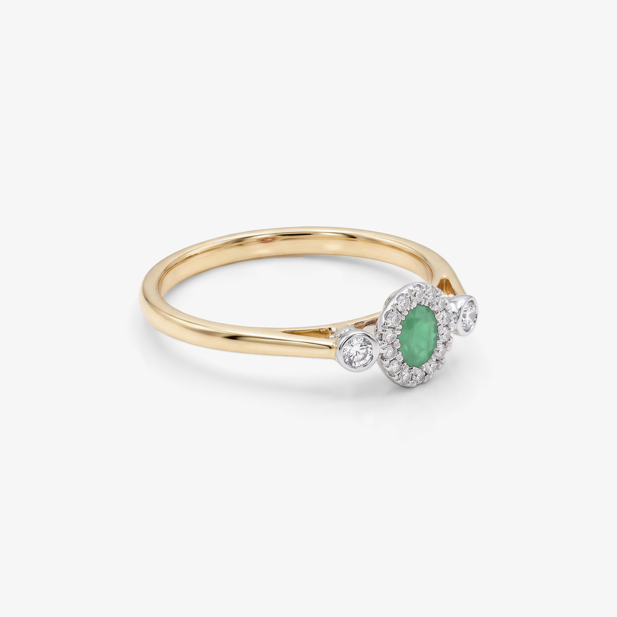 9ct Gold Emerald & Diamond 0.10ct Halo Ring side view
