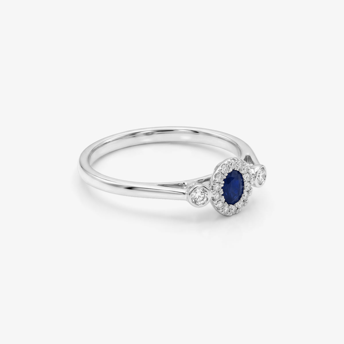 9ct White Gold Sapphire & Diamond 0.10ct Halo Ring side view