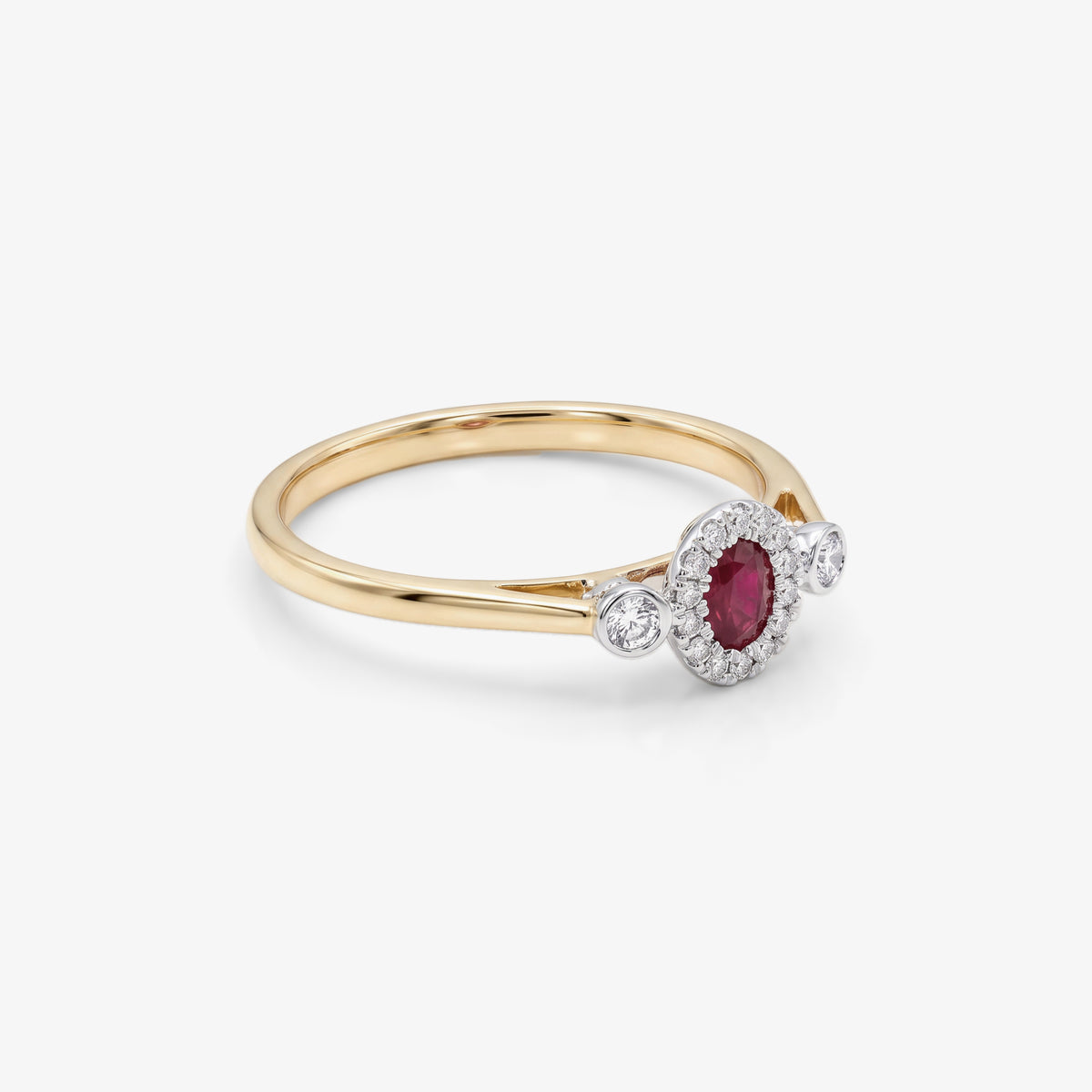 9ct Gold Ruby & Diamond 0.10ct Halo Ring side view