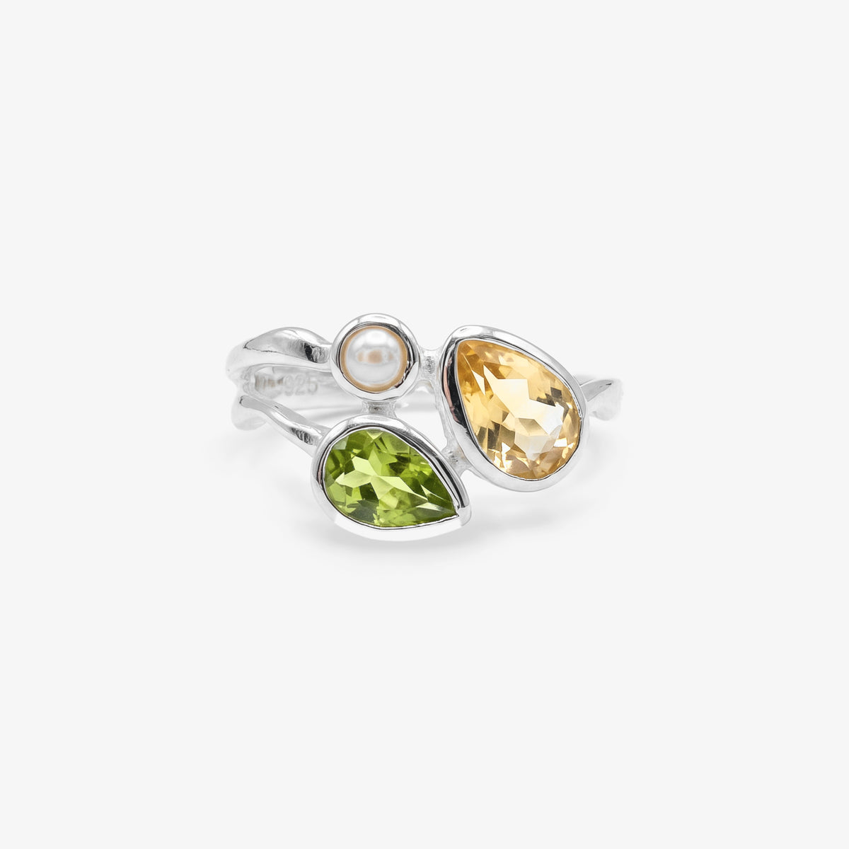 Silver & 14ct Gold Peridot, Citrine & Pearl Ring front view