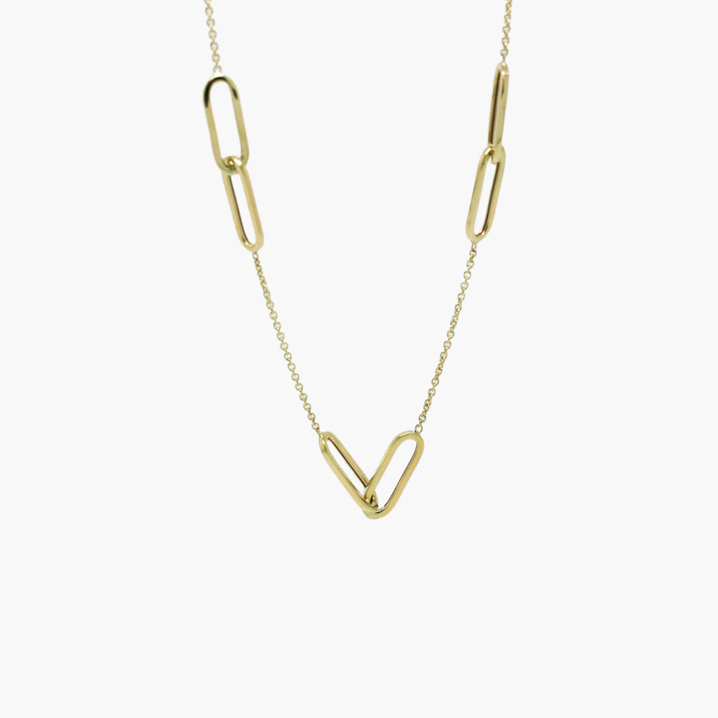 9ct yellow gold double oval link necklace hanging down