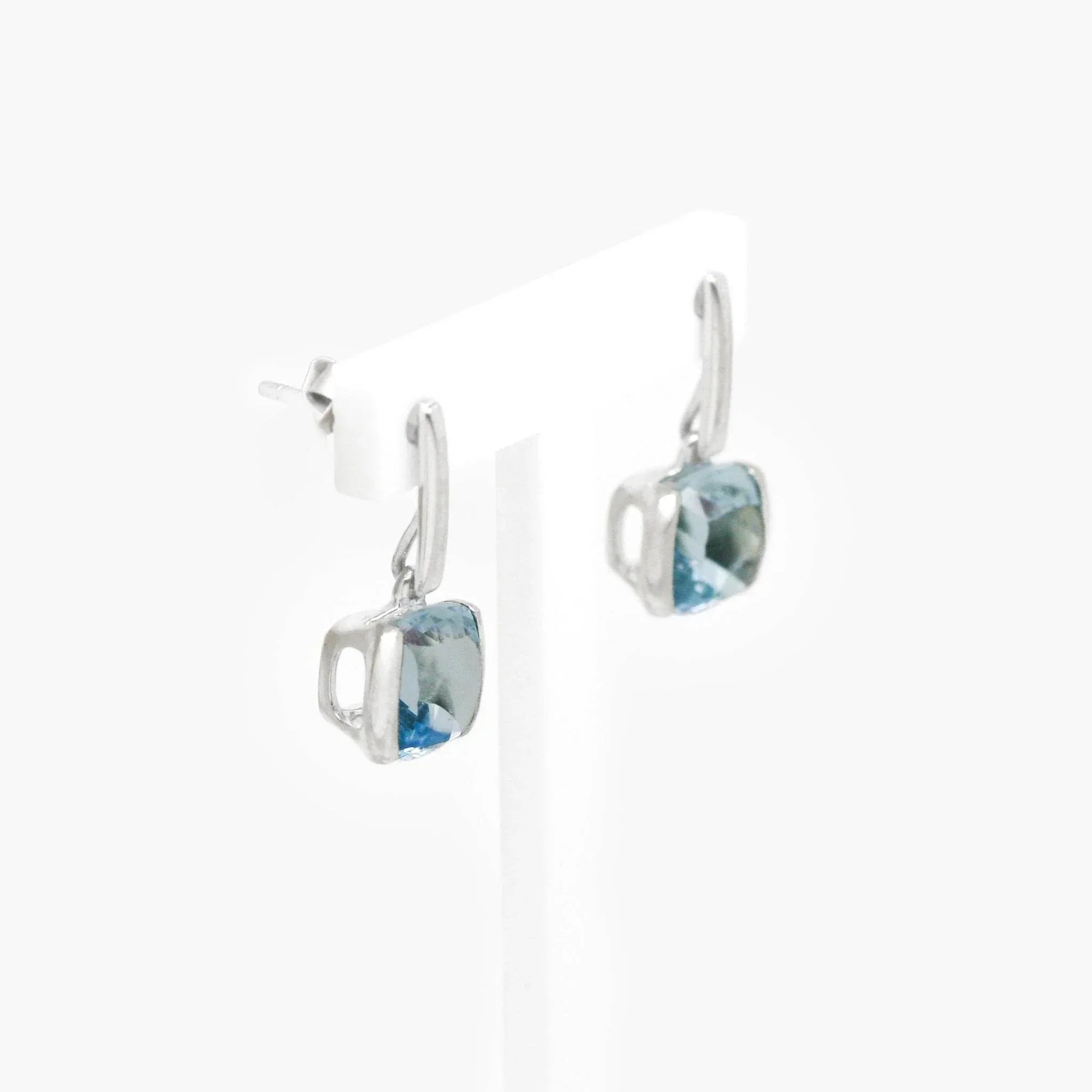 9ct White Gold Cushion Cut Blue Topaz Drop Earrings - Jordans Jewellers