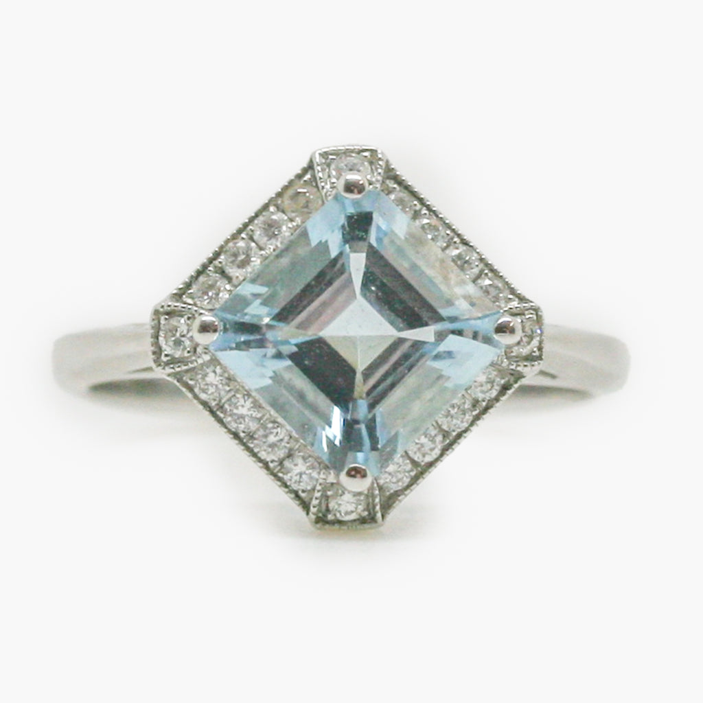 Art Deco Style 18 Carat White Gold Aquamarine & Diamond Cluster Ring