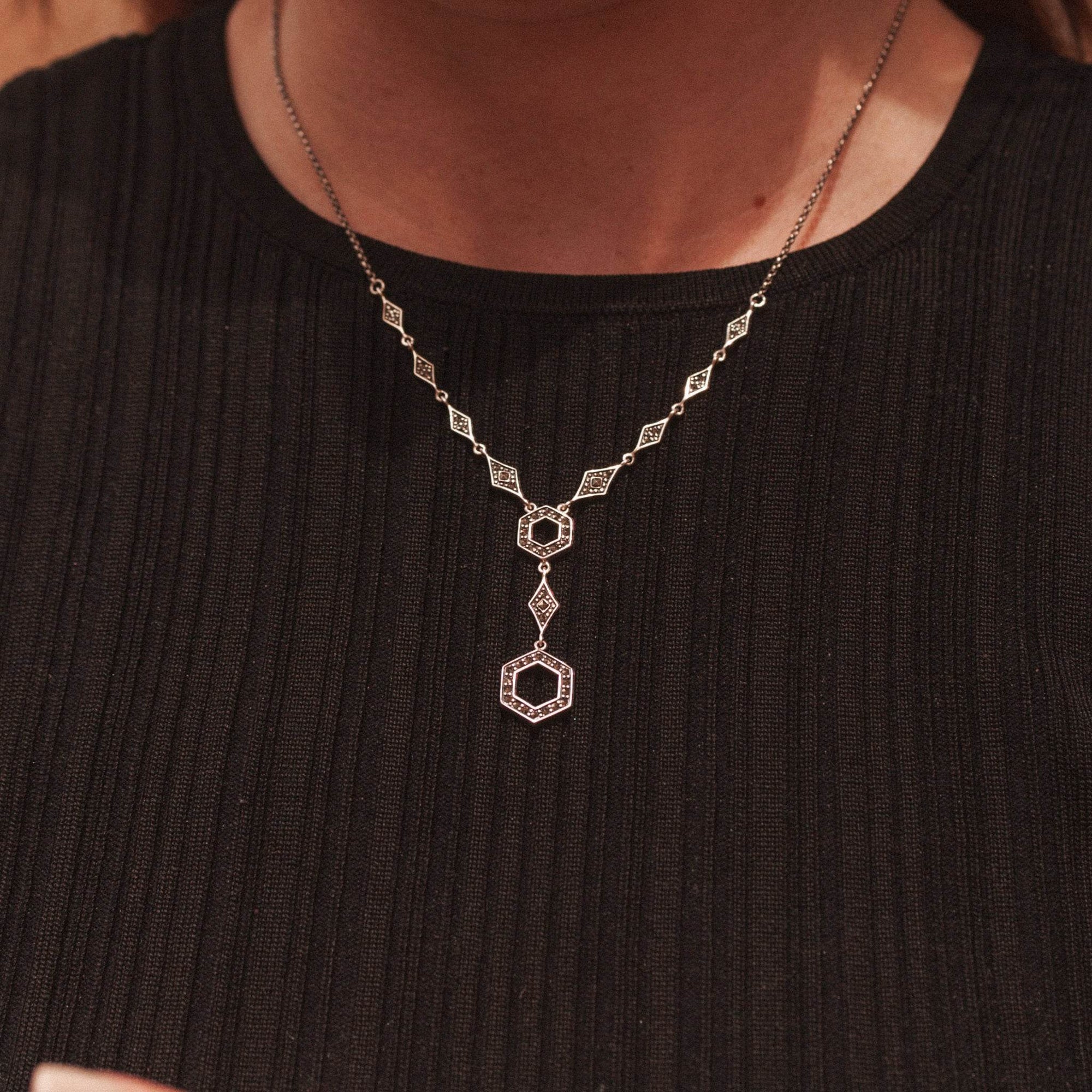 NEW Marcasite Hexagon Dangle Necklace - Jordans Jewellers