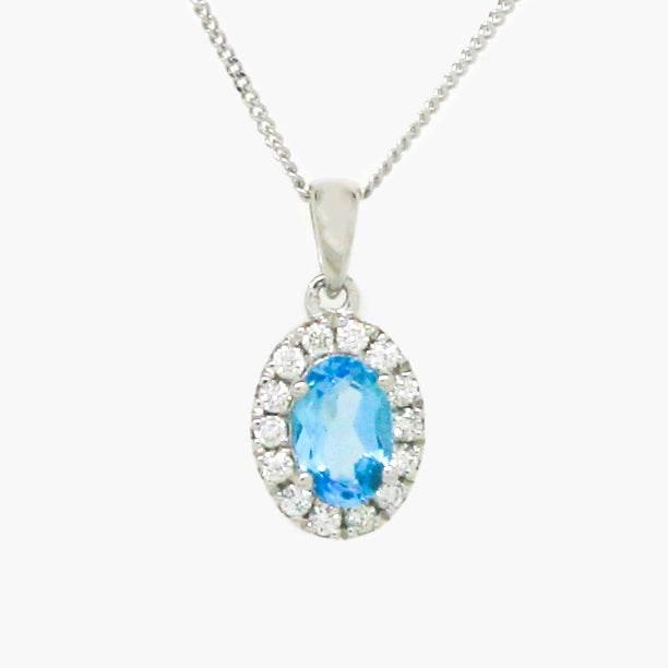 NEW 9ct White Gold Oval Blue Topaz and Diamond Cluster Pendant Necklace - Jordans Jewellers