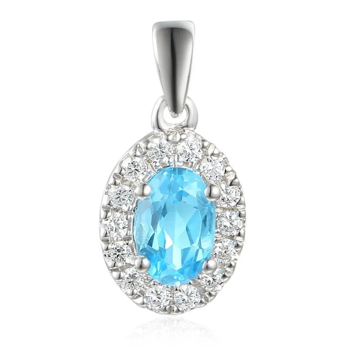 NEW 9ct White Gold Oval Blue Topaz and Diamond Cluster Pendant Necklace - Jordans Jewellers