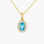 NEW 9ct Yellow Gold Swiss Blue Topaz and Diamond Cluster Pendant Necklace - Jordans Jewellers