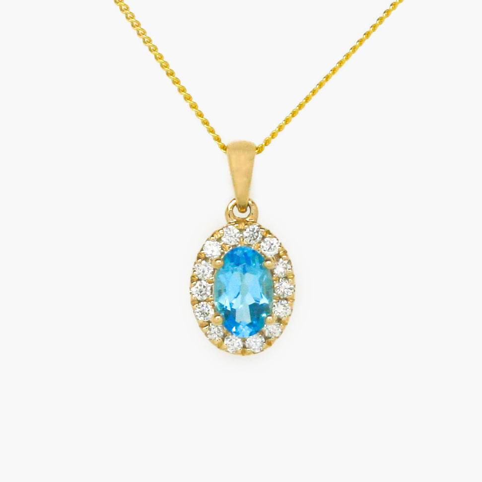 NEW 9ct Yellow Gold Swiss Blue Topaz and Diamond Cluster Pendant Necklace - Jordans Jewellers