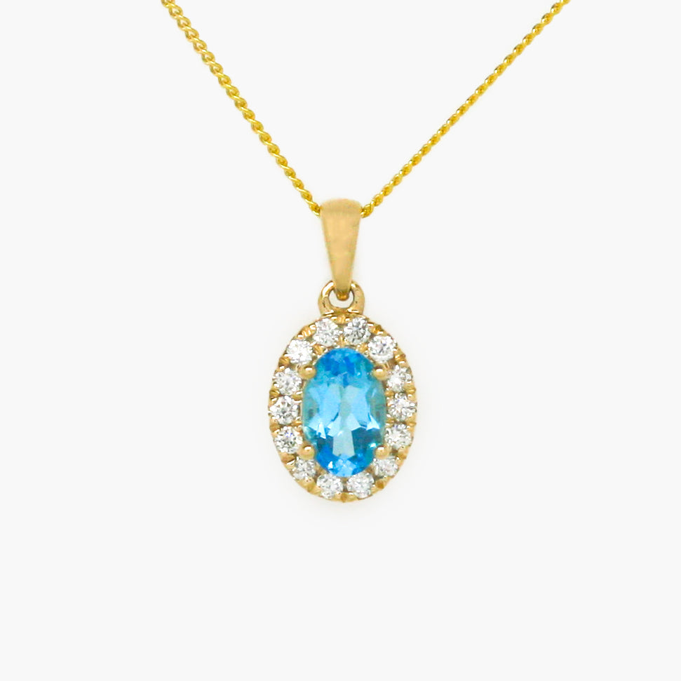 NEW 9ct Yellow Gold Swiss Blue Topaz and Diamond Cluster Pendant Necklace