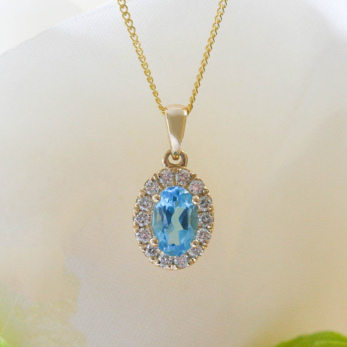 NEW 9ct Yellow Gold Swiss Blue Topaz and Diamond Cluster Pendant Necklace - Jordans Jewellers