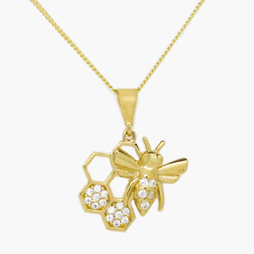 NEW 9ct Yellow Gold Bee & Honeycomb Pendant Necklace