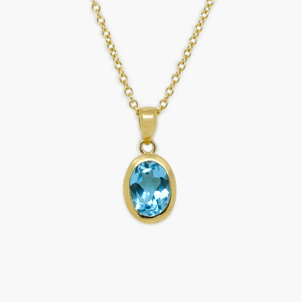 NEW 9 Carat Yellow Gold Blue Topaz Pendant Necklace - Jordans Jewellers