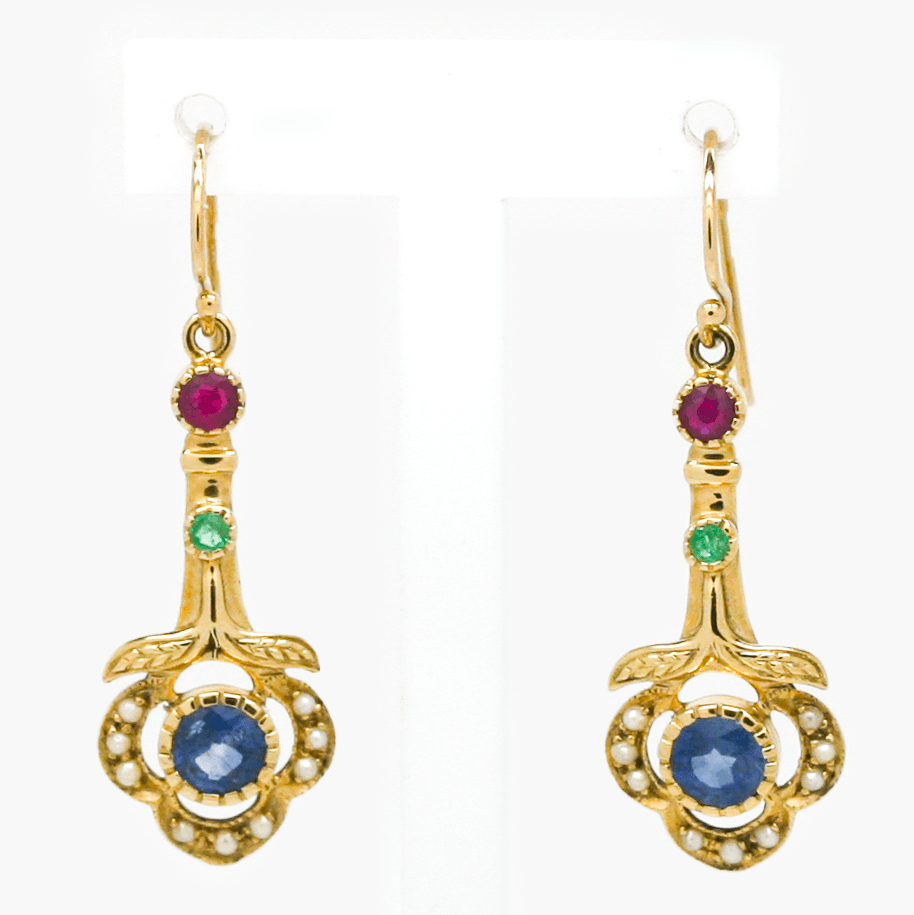 NEW 9 Carat Yellow Gold Sapphire, Emerald & Ruby Earrings - Jordans Jewellers