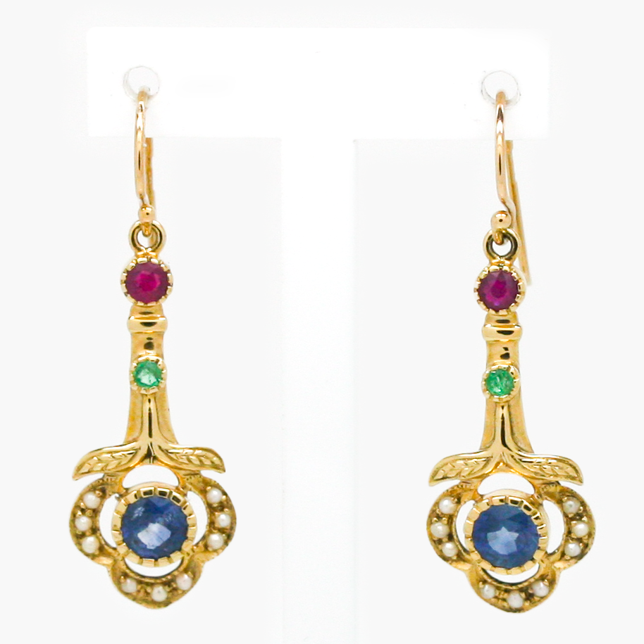 NEW 9 Carat Yellow Gold Sapphire, Emerald & Ruby Earrings