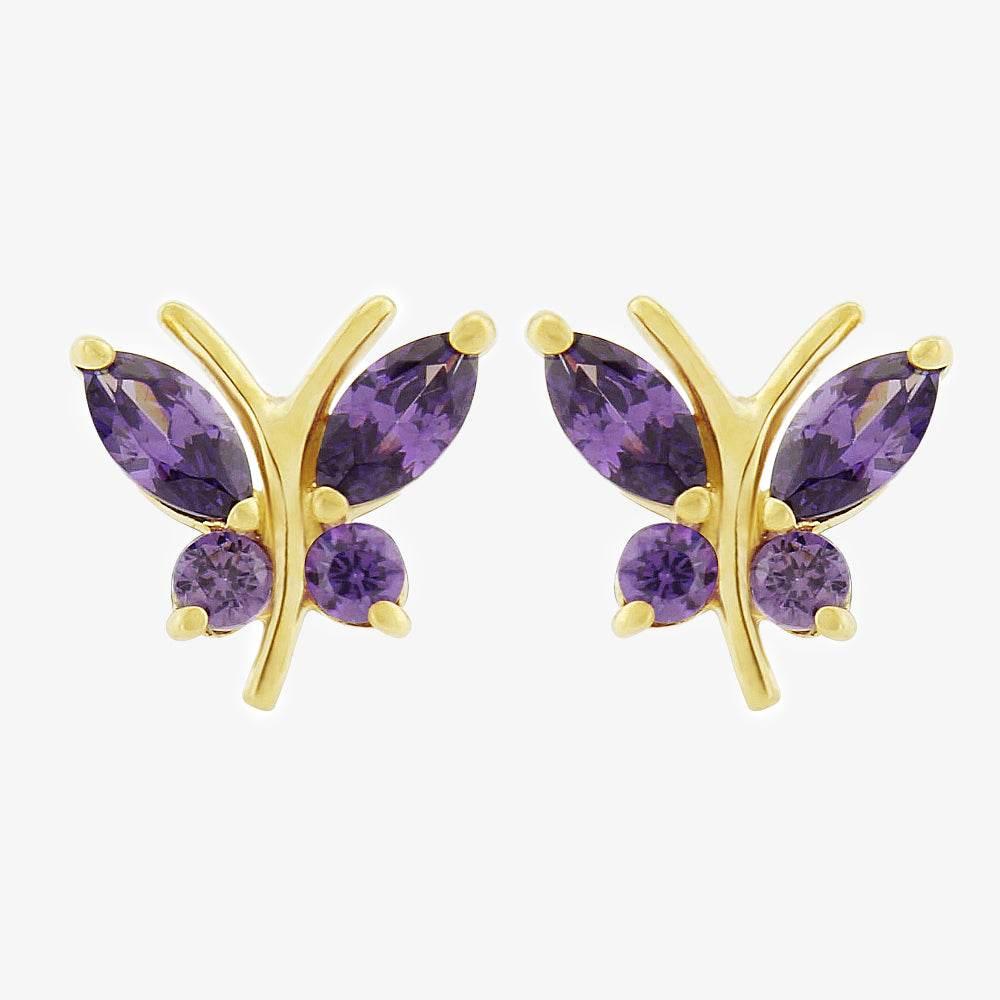 NEW 9ct Yellow Gold Purple CZ Butterfly Earrings - Jordans Jewellers