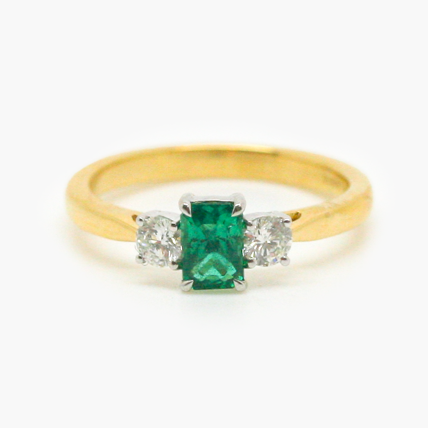 18 Carat Yellow Gold Emerald & Diamond Three Stone Ring