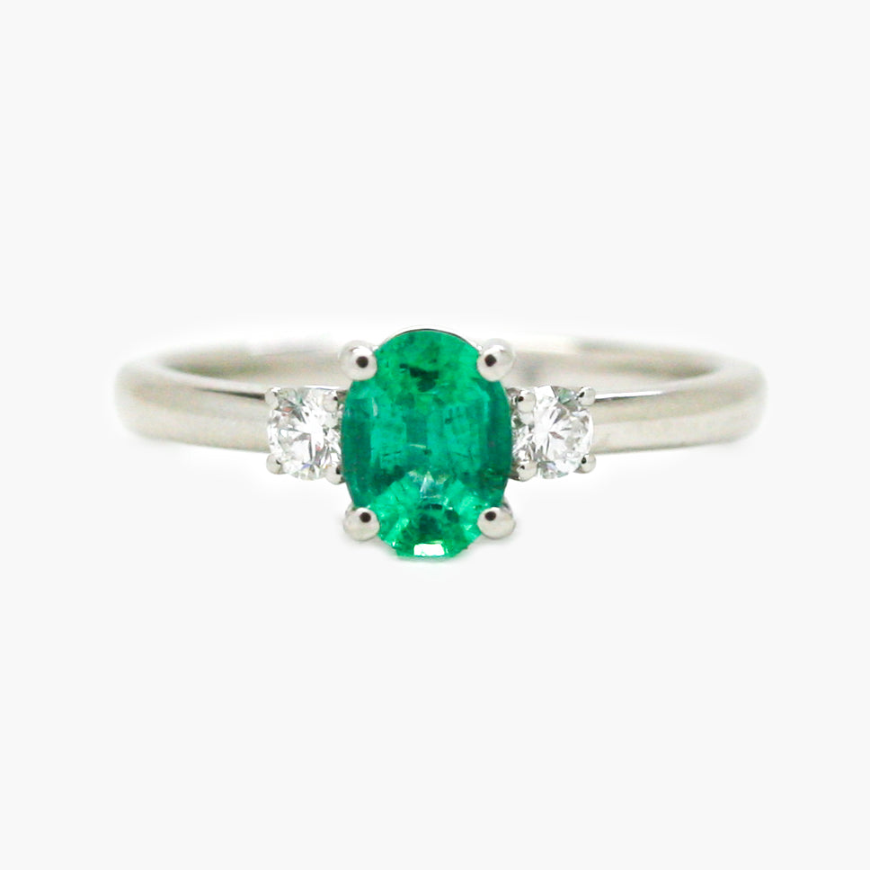 NEW Three Stone Ring with Oval Emerald and Diamonds