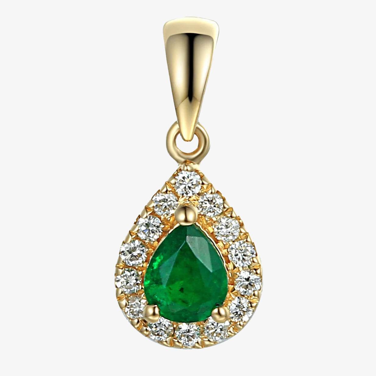 NEW 9ct Yellow Gold Pear Shape Emerald and Diamond Cluster Pendant Necklace - Jordans Jewellers