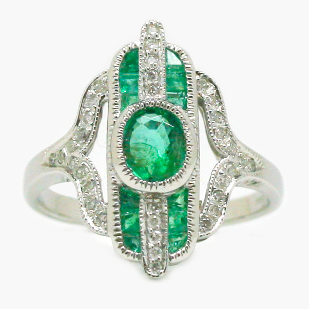 NEW 9 Carat White Gold Emerald & Diamond Ring