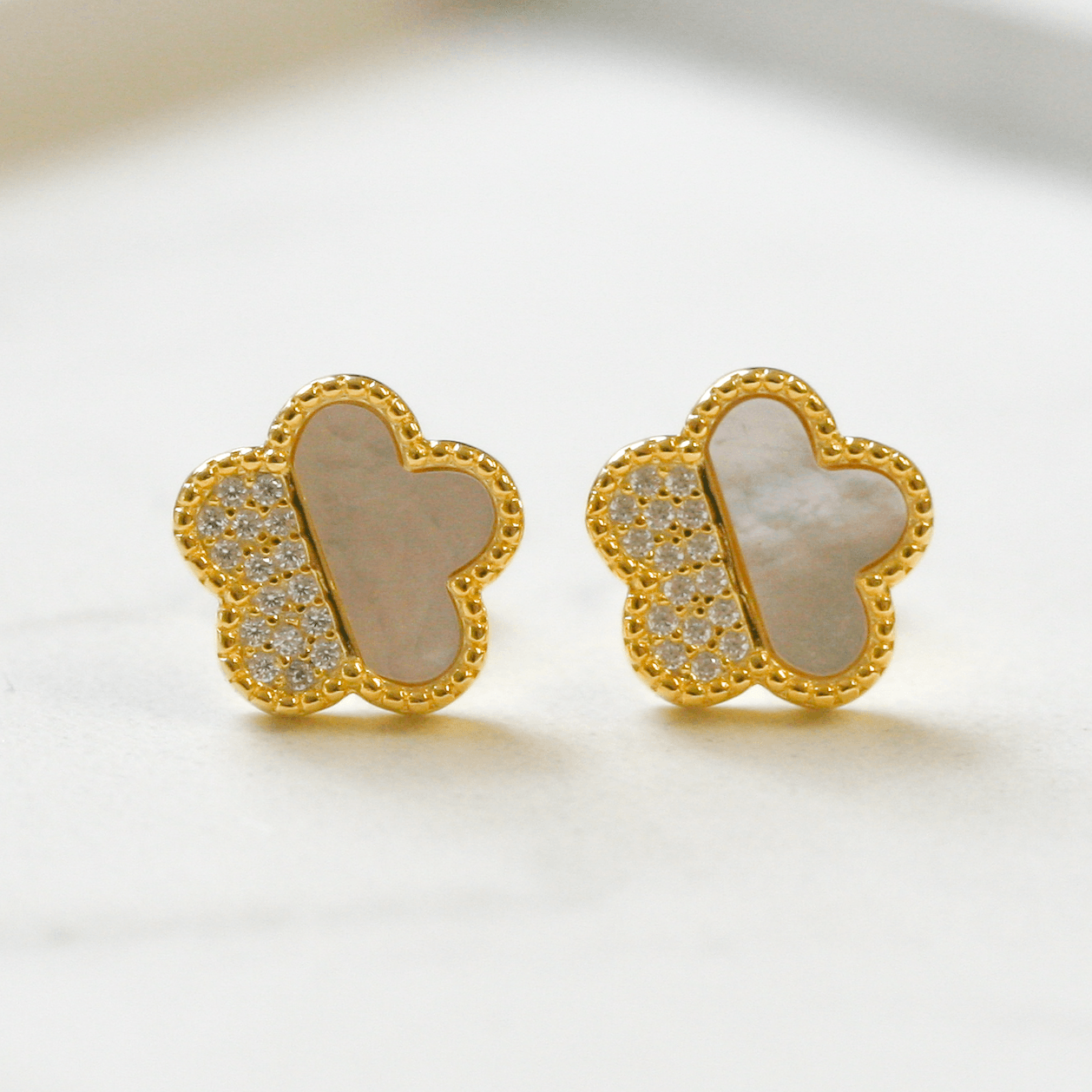 NEW CZ Mother of Pearl Flower Stud Earrings - Jordans Jewellers