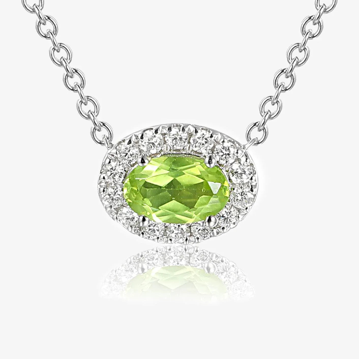 NEW 9ct White Gold Horizontal Oval Shape Peridot Pendant with Diamond Cluster Necklace - Jordans Jewellers