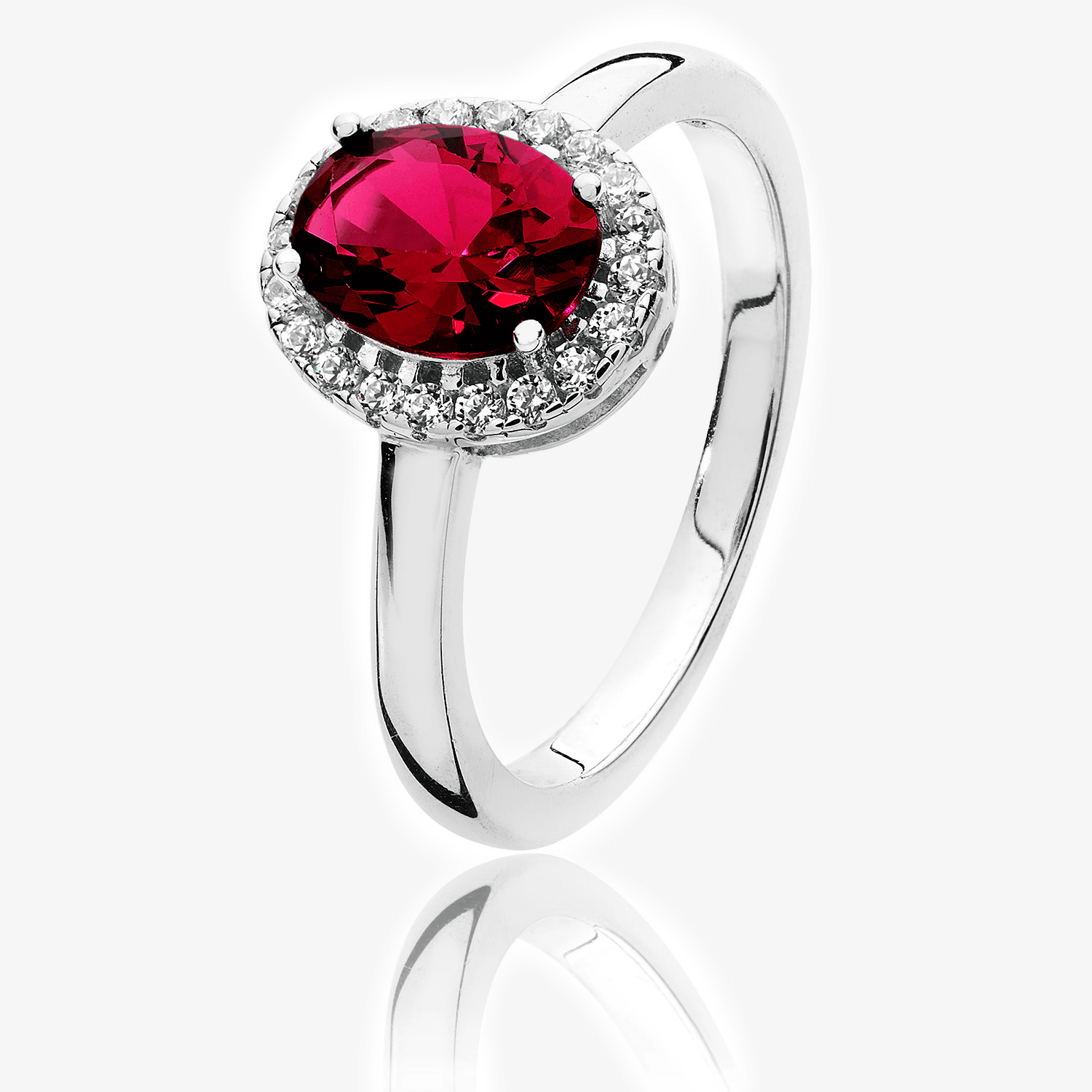 New Silver Halo Ruby Oval Ring - Jordans Jewellers