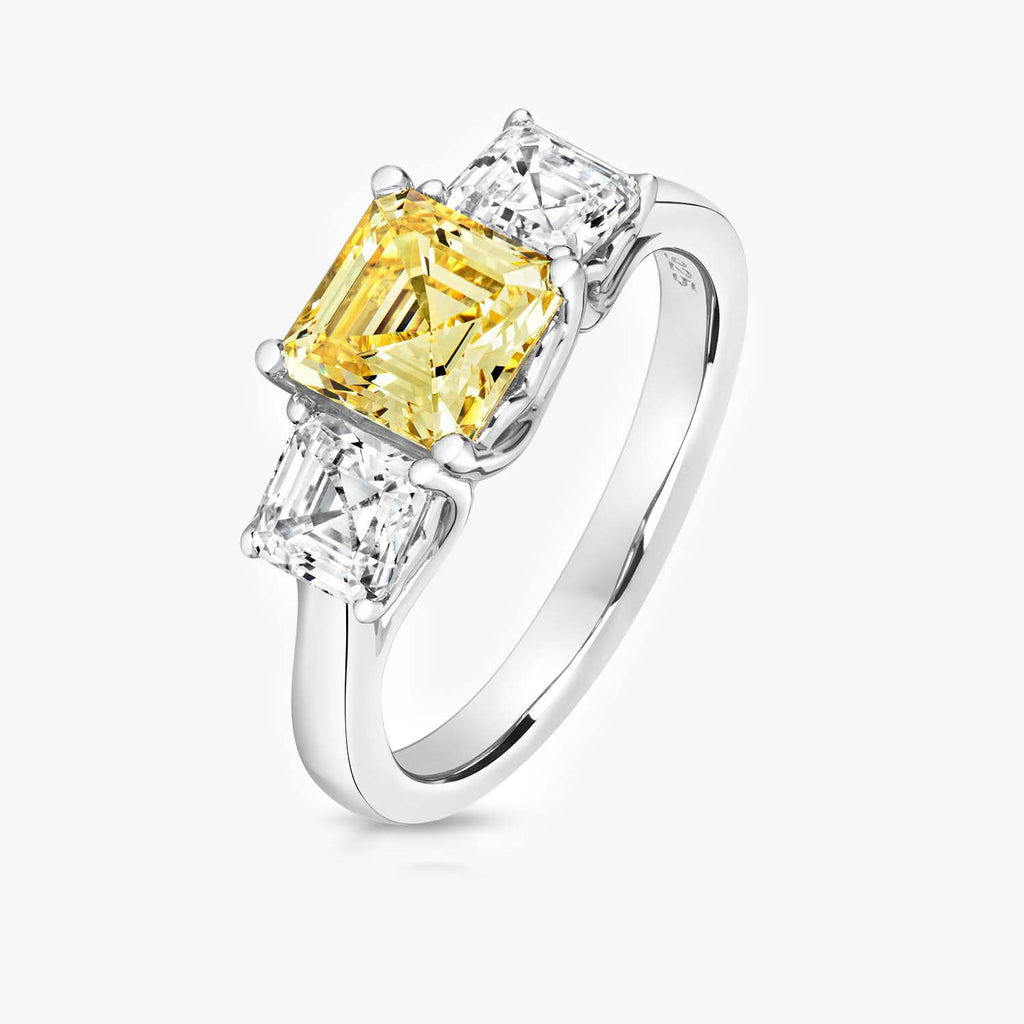NEW Three Stone Yellow & White Asscher Cut Ring