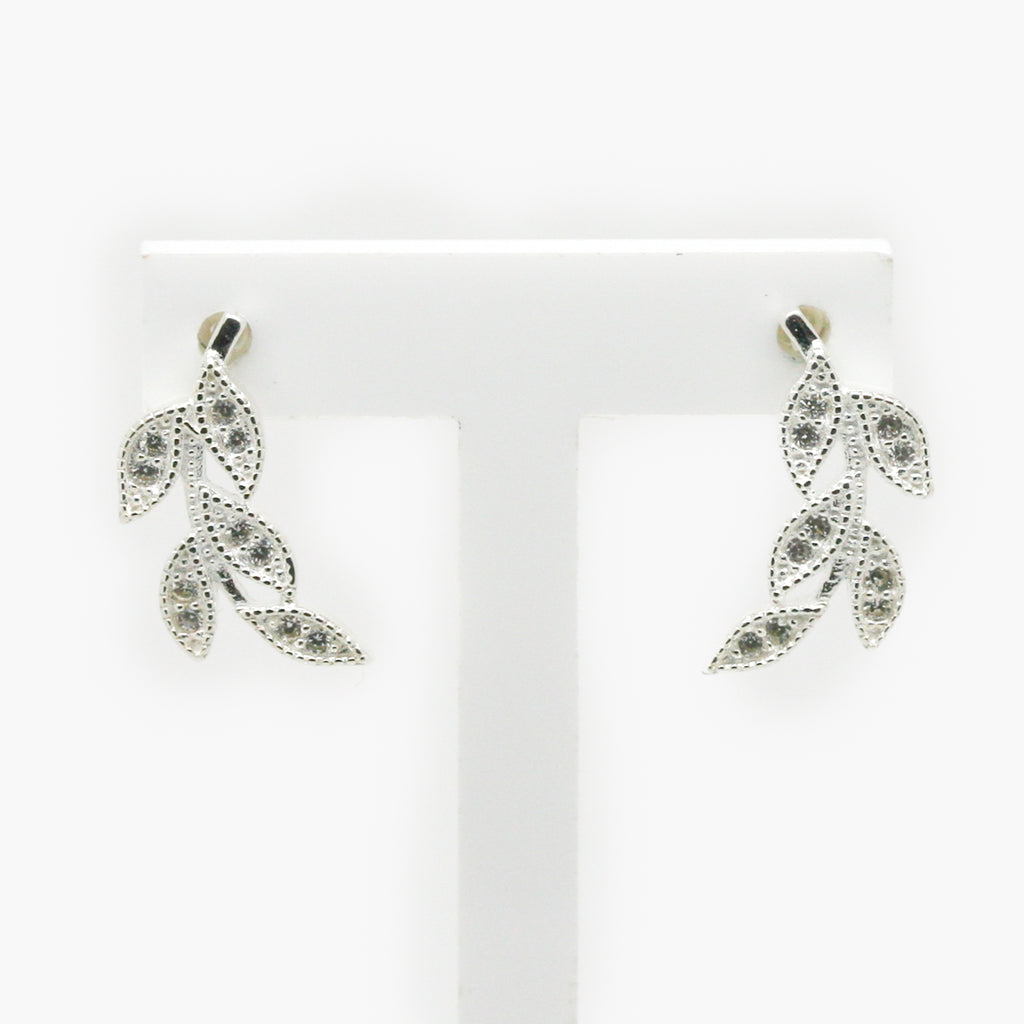 NEW Silver & Cubic Zirconia Leaf Stud Earrings