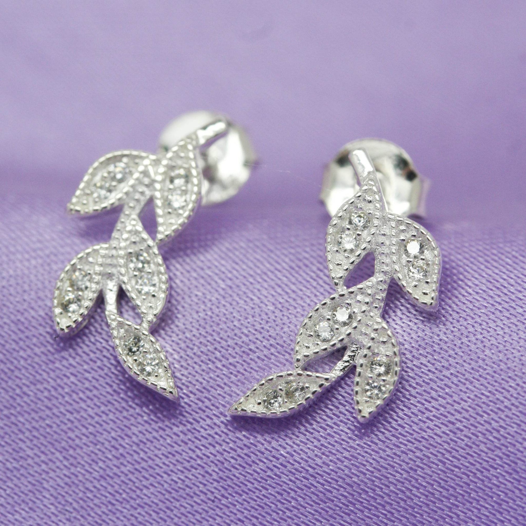 NEW Silver & Cubic Zirconia Leaf Stud Earrings - Jordans Jewellers