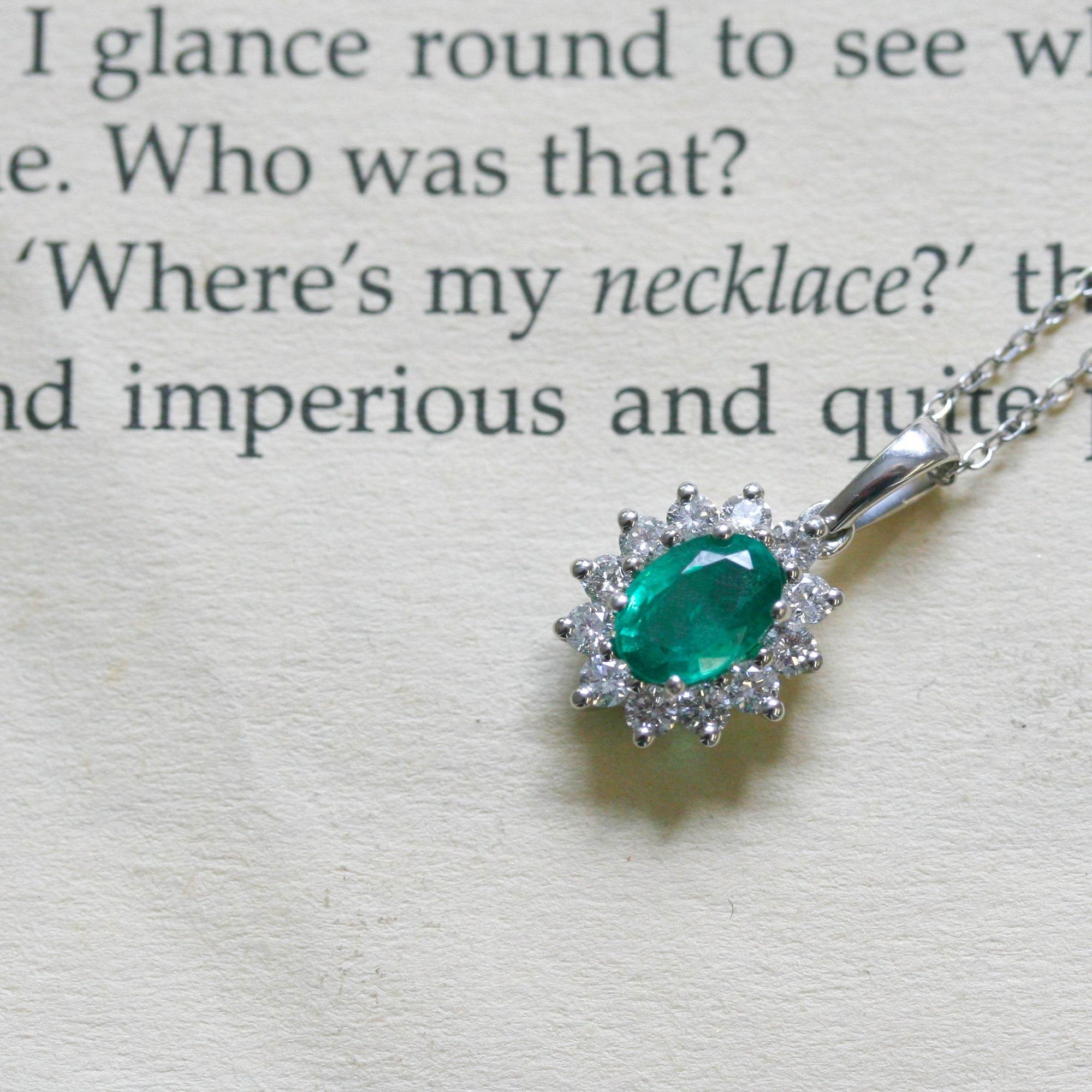 NEW 18 Carat White Gold Emerald & Diamond Pendant Necklace - Jordans Jewellers