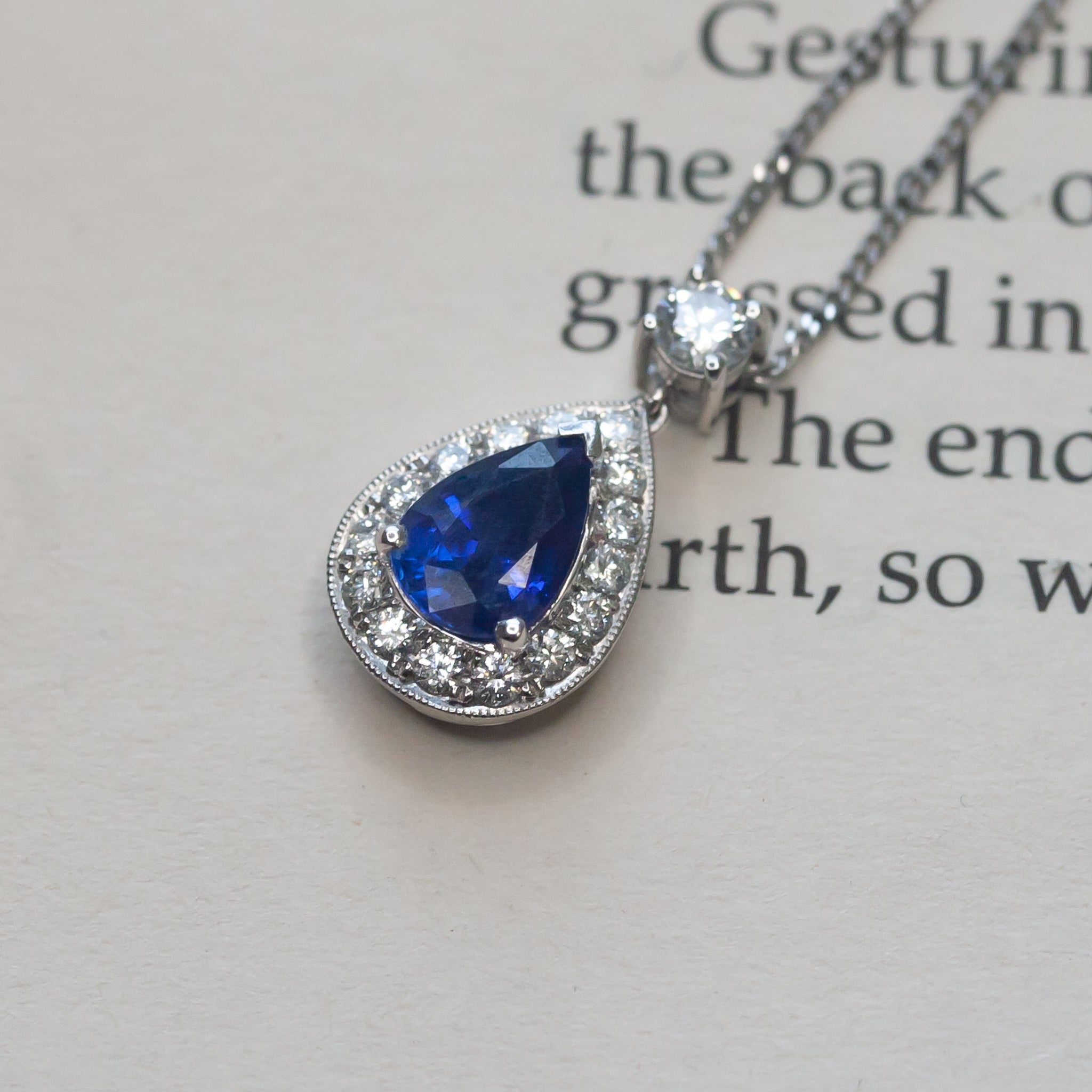 Pear Shaped Blue Sapphire Diamond Cluster Drop Pendant Necklace